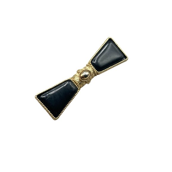 Vintage 1928 Brand Pin Brooch Victorian Black Black Bow Bar Pin Gold Tone Metal - Picture 1 of 5